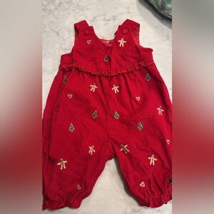 Red Corduroy Gingerbread Jumper Bubble Romper Appliqué Trees Gingerbread House